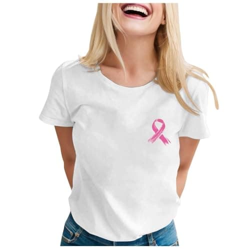 Haut Blanc Femme Tee Shirt Long Lutte Contre Le Cancer du Sein Octobre Rose Col Rond Été T-Shirts À Manches — F02 Blanc