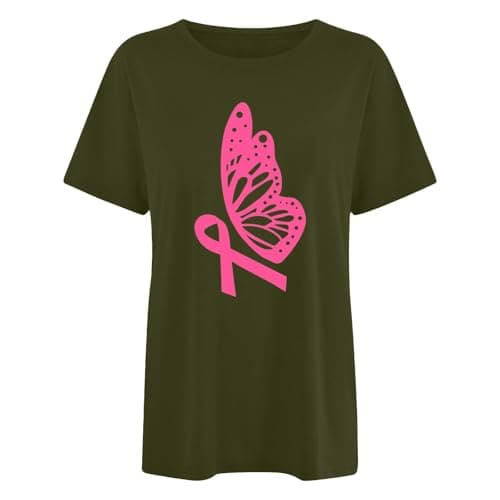 T-Shirt Rose Confortable pour Femme - Haut à Manches Courtes avec Ruban de Sensibilisation au Cancer du Sein Cadeau Mode — Armée Verte