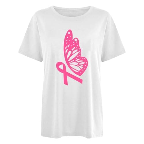 T-Shirt Rose Confortable pour Femme - Haut à Manches Courtes avec Ruban de Sensibilisation au Cancer du Sein Cadeau Mode — Blanc