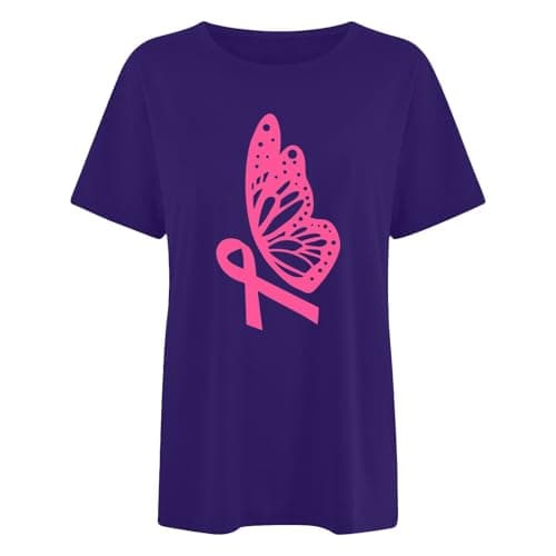 T-Shirt Rose Confortable pour Femme - Haut à Manches Courtes avec Ruban de Sensibilisation au Cancer du Sein Cadeau Mode — Dark Violet