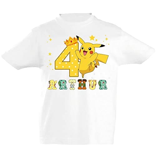 T-Shirt personnalisé Pokémon pour Enfants Anniversaire Lettres Forme Personnage prénom âge imprimé — Blanc