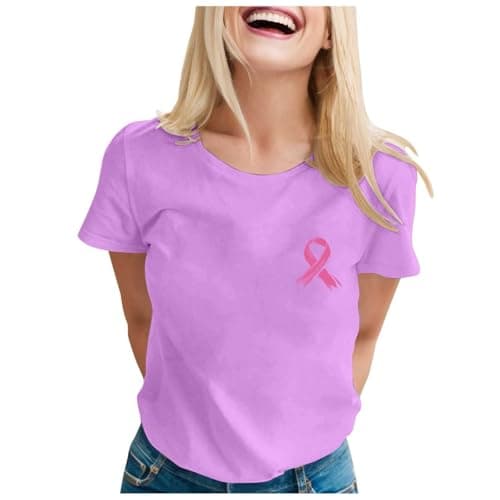 Haut Blanc Femme Tee Shirt Long Lutte Contre Le Cancer du Sein Octobre Rose Col Rond Été T-Shirts À Manches — F02 Violet