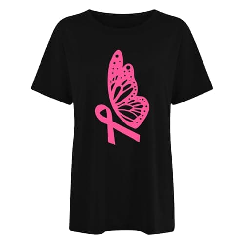 T-Shirt Rose Confortable pour Femme - Haut à Manches Courtes avec Ruban de Sensibilisation au Cancer du Sein Cadeau Mode — Le Noir