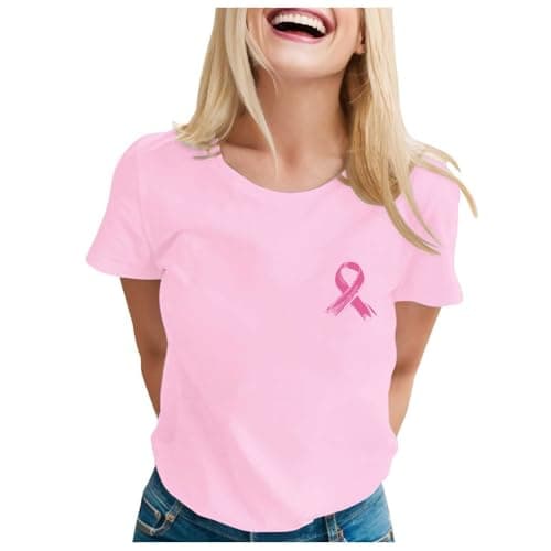 Haut Blanc Femme Tee Shirt Long Lutte Contre Le Cancer du Sein Octobre Rose Col Rond Été T-Shirts À Manches — F02 Rose