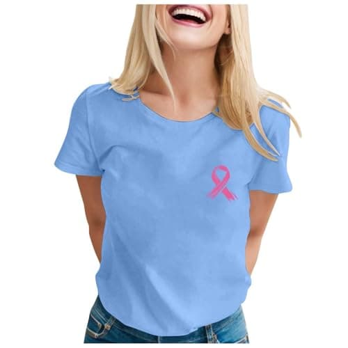 Haut Blanc Femme Tee Shirt Long Lutte Contre Le Cancer du Sein Octobre Rose Col Rond Été T-Shirts À Manches — F02 Bleu Clair