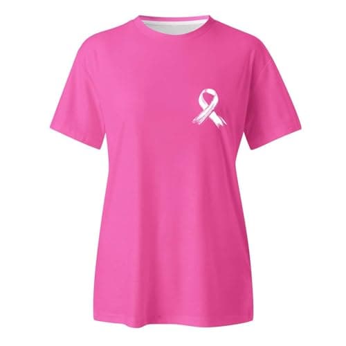 Haut Blanc Femme Tee Shirt Long Lutte Contre Le Cancer du Sein Octobre Rose Col Rond Été T-Shirts À Manches