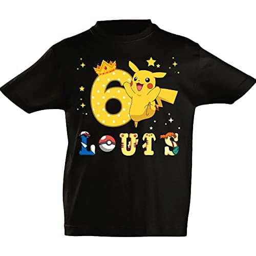 T-Shirt personnalisé Pokémon pour Enfants Anniversaire Lettres Forme Personnage prénom âge imprimé — Noir