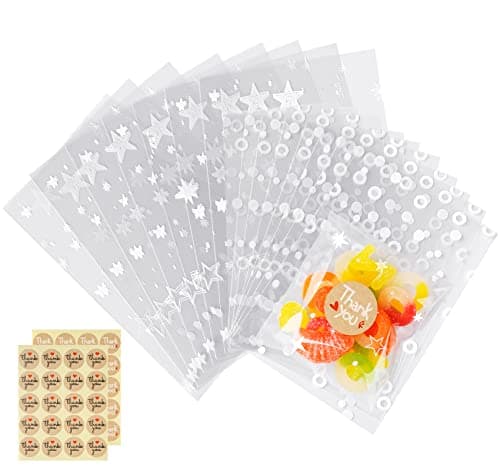 ilauke Pochettes OPP Transparentes 200 Sachets + 200 Autocollants Étoiles et Cercles, 2 Tailles pour Boulangerie & Pâtis