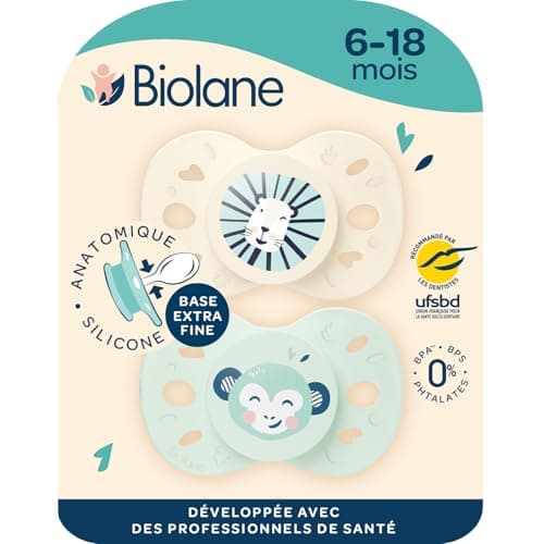 BIOLANE - Tétines anatomiques animaux extra-fines - Pour enfants de 6 à 18 mois - Bleu et Beige - Téterelle plate et rév — Vert et Beige