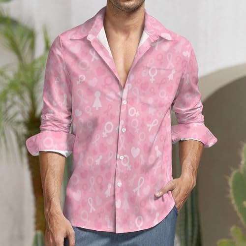 Chemises boutonnées à manches longues pour homme – Chemise décontractée en V avec poche pour la lutte contre le cancer d