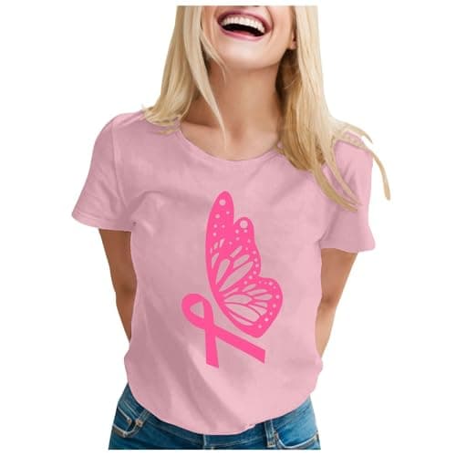 T-Shirt Rose Confortable pour Femme - Haut à Manches Courtes avec Ruban de Sensibilisation au Cancer du Sein Cadeau Mode