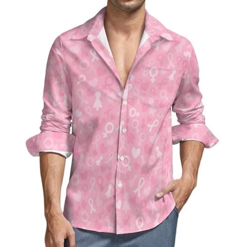 Chemises boutonnées à manches longues pour homme – Chemise décontractée en V avec poche pour la lutte contre le cancer d