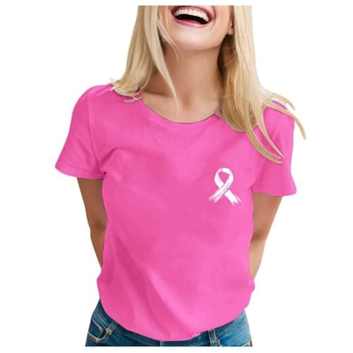 Haut Blanc Femme Tee Shirt Long Lutte Contre Le Cancer du Sein Octobre Rose Col Rond Été T-Shirts À Manches