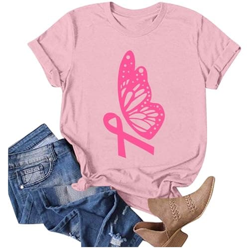 T-Shirt Rose Confortable pour Femme - Haut à Manches Courtes avec Ruban de Sensibilisation au Cancer du Sein Cadeau Mode