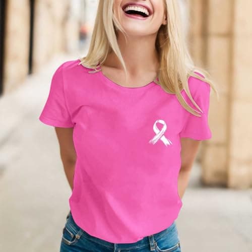 Haut Blanc Femme Tee Shirt Long Lutte Contre Le Cancer du Sein Octobre Rose Col Rond Été T-Shirts À Manches
