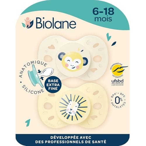 BIOLANE - Tétines anatomiques animaux extra-fines - Pour enfants de 6 à 18 mois - Bleu et Beige - Téterelle plate et rév — Jaune et Beige