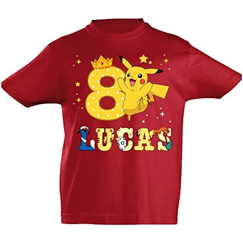 T-Shirt personnalisé Pokémon pour Enfants Anniversaire Lettres Forme Personnage prénom âge imprimé — Rouge