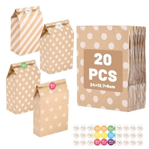 Ledebouk Sac en Papier Kraft pour Célébrations de Fête - 20 Pièces Colorés avec 36 Autocollants - Cadeau pour Mariage, A