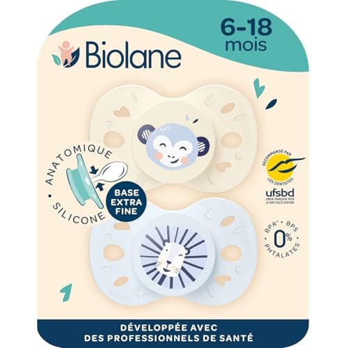BIOLANE - Tétines anatomiques animaux extra-fines - Pour enfants de 6 à 18 mois - Bleu et Beige - Téterelle plate et rév