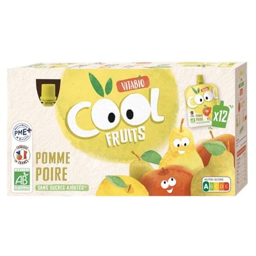 Vitabio Cool Fruits Gourdes Pomme Poire de Provence Bio - 12 x 90 g Sans Sucres Ajoutés - Snack Sain et Organique Idéal
