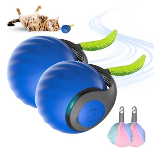 GMTEO Jouet Interactif pour Chats Bleu, Nouveau Jouet Balle avec Queue Peluche,Intelligent pour Chat Intérieur — Bleu - 2PCS