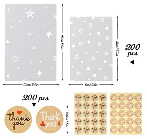 ilauke Pochettes OPP Transparentes 200 Sachets + 200 Autocollants Étoiles et Cercles, 2 Tailles pour Boulangerie & Pâtis