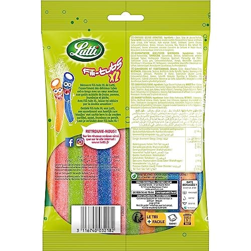 Lutti Goûts Acidulés de Fraise, Pomme, Framboise et Pêche Fili-Tubs, 180 g pour Enfants à Porter Partout, Goûts Fraîches