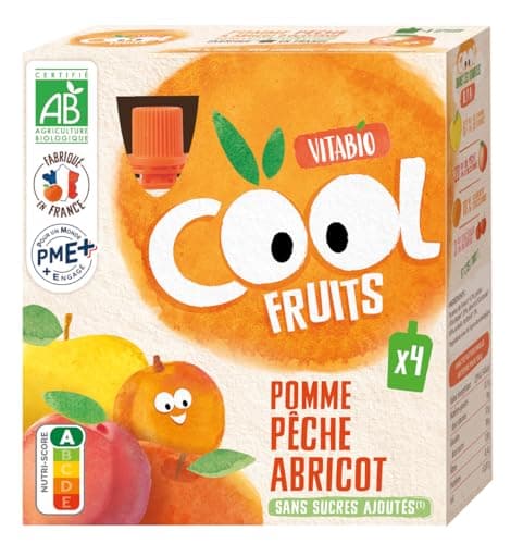 Vitabio Cool Compote de Fruits Pomme, Pêche et Abricot Bio 90 g x4 - Purée pour Enfants - Organic EU - Fraîcheur Naturel