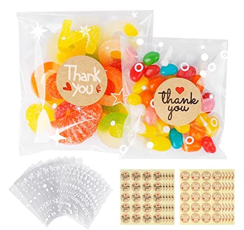 ilauke Pochettes OPP Transparentes 200 Sachets + 200 Autocollants Étoiles et Cercles, 2 Tailles pour Boulangerie & Pâtis