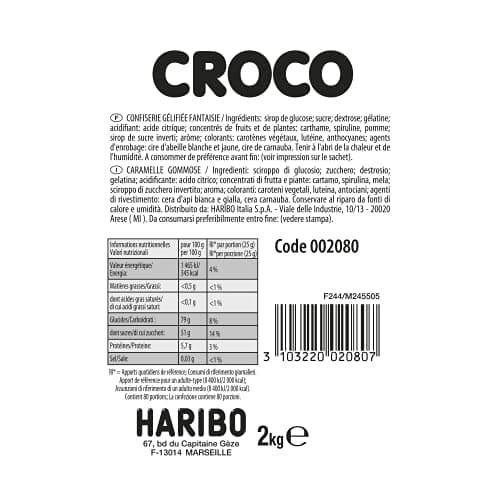 HARIBO Croco Bonbons Gélifiés 2 kg - Sac en Vrac Parfait pour les Enfants et les Partys - Sucrée Classique Économique