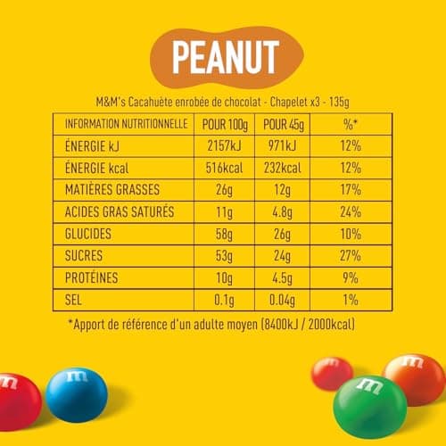 M&M'S Bonbons Chocolat au Lait et Cacahuètes - Certification Rainforest Alliance - 3 Sachets de 45g