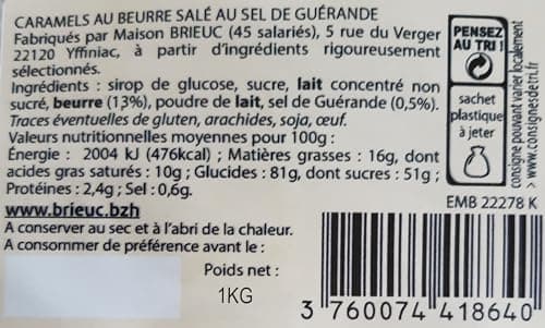 BRIEUC 1KG Bonbons Caramel Beurre Salé - Gourmandise Bretonne 100% FRANÇAISE pour Adults à Offrir à la Fin d'un Repas