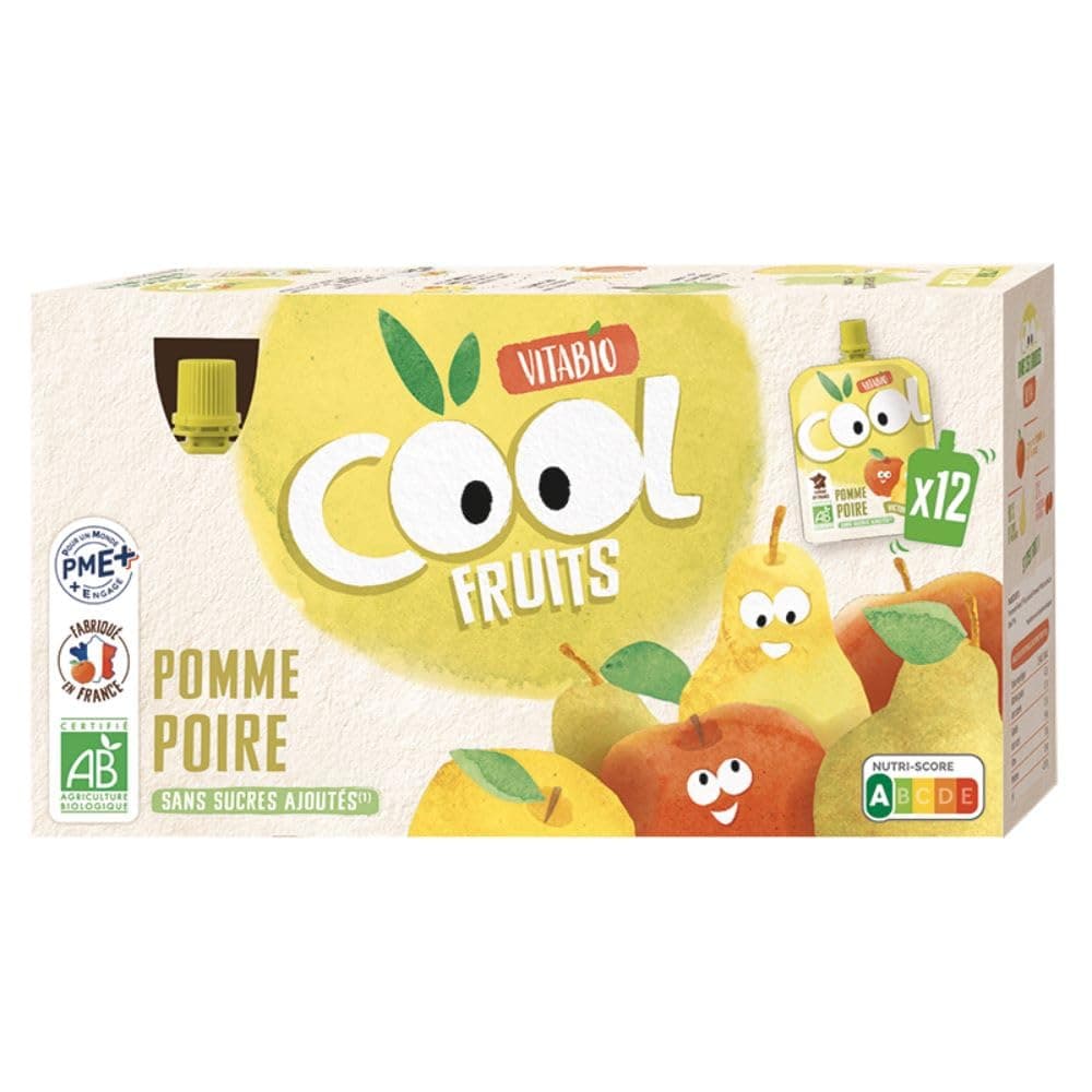 Vitabio Cool Fruits Gourdes Pomme Poire de Provence Bio - 12 x 90 g Sans Sucres Ajoutés - Snack Sain et Organique Idéal