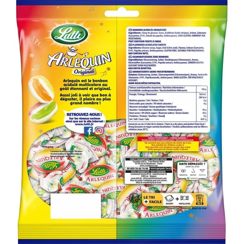 LUTTI Arlequin - Bonbons couleurs arc-en-ciel - Lot de 4 x Sachet 250g pour goûters et fêtes !