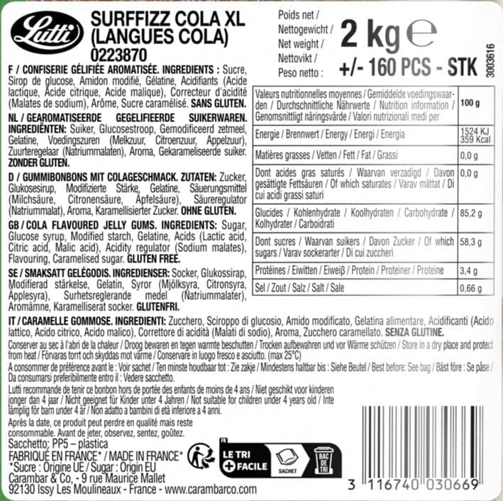 Lutti Surffizz Cola XL Bonbons en Vrac 2 kg pour Ados enキャンvalement