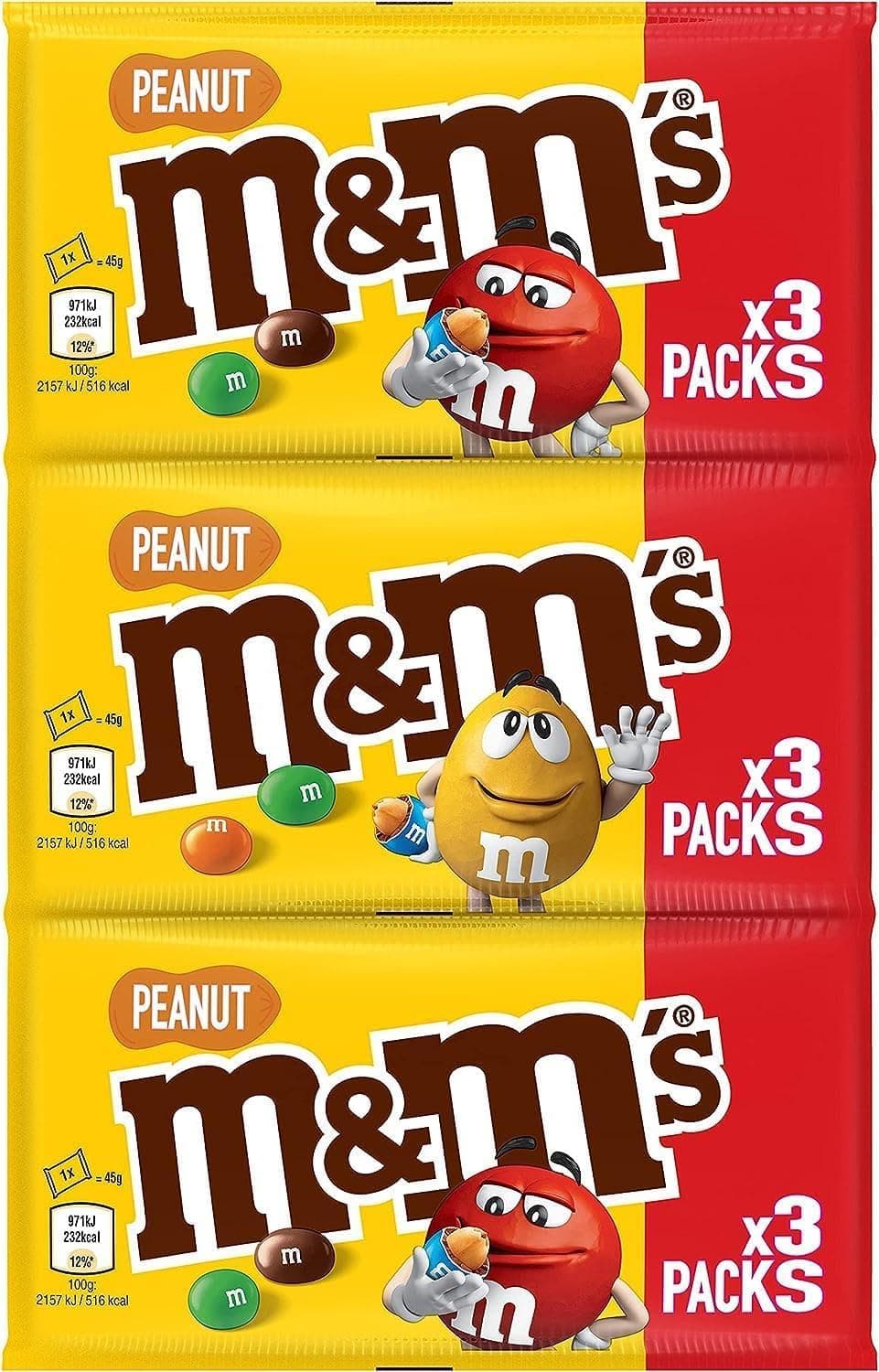 M&M'S Bonbons Chocolat au Lait et Cacahuètes - Certification Rainforest Alliance - 3 Sachets de 45g