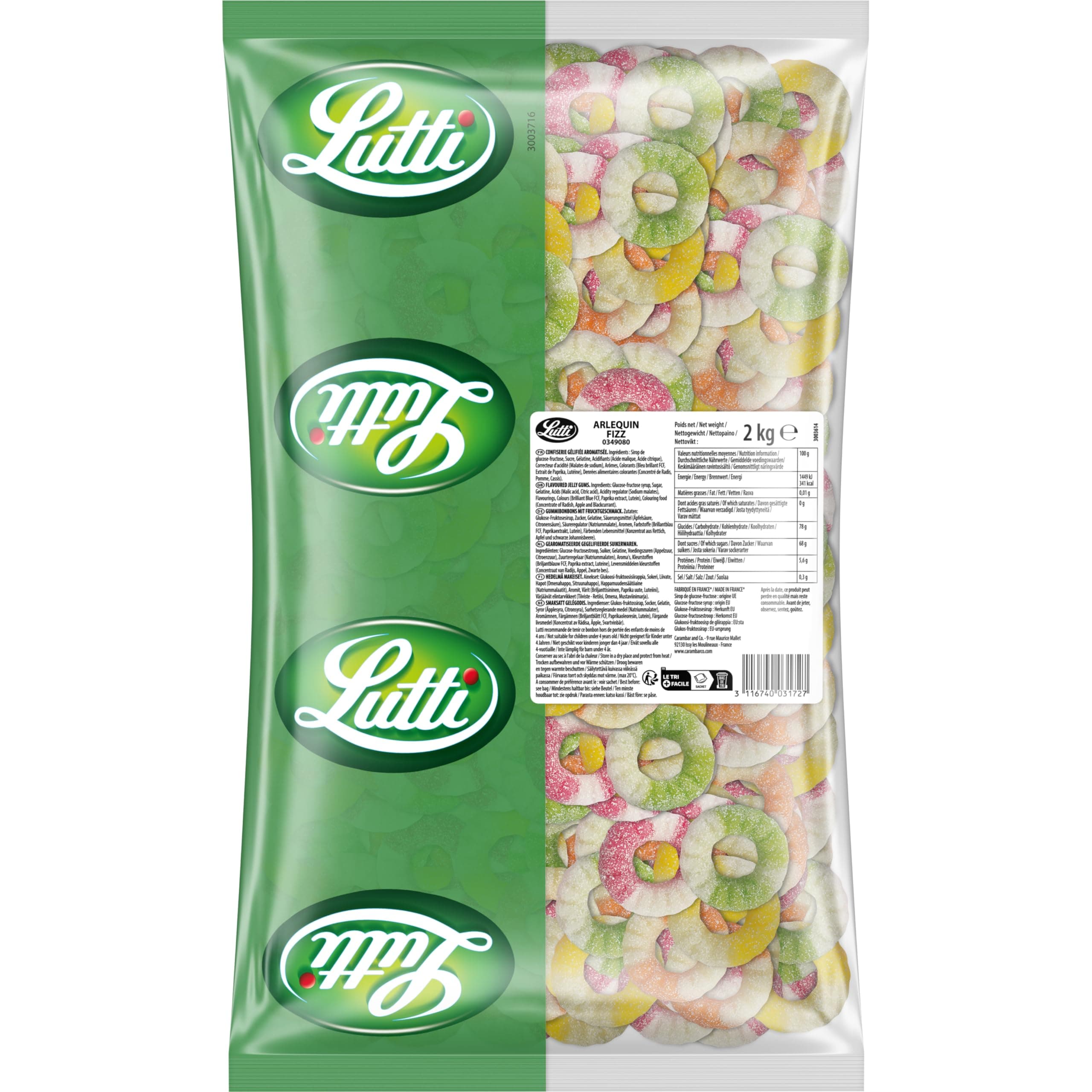Lutti Arlequin Fizz 2kg Sans Sucre - Bouteilles en verre pour Famille/Frères et Sœurs - Rich en Électrolytes, Idéal pour