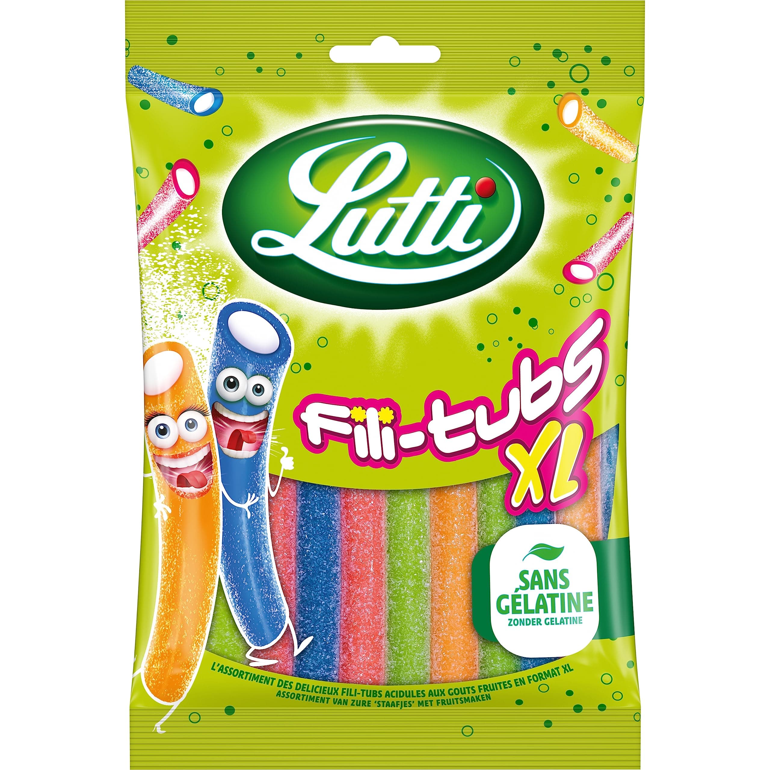 Lutti Goûts Acidulés de Fraise, Pomme, Framboise et Pêche Fili-Tubs, 180 g pour Enfants à Porter Partout, Goûts Fraîches
