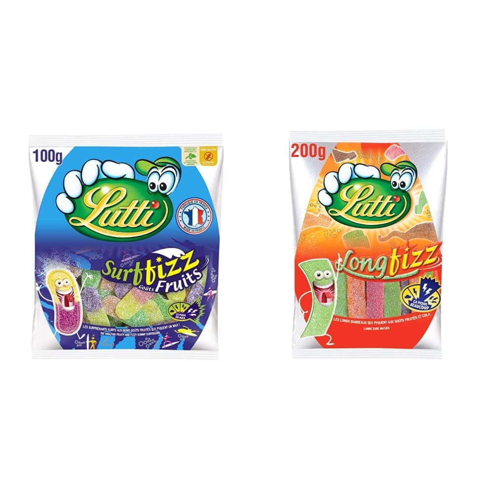 Lutti Surffizz Fruits 100g & Long Fizz 200g Jus Naturels Bio Faibles en Sucre Snack Sain pour Adultes & Enfants 7 Boîtes