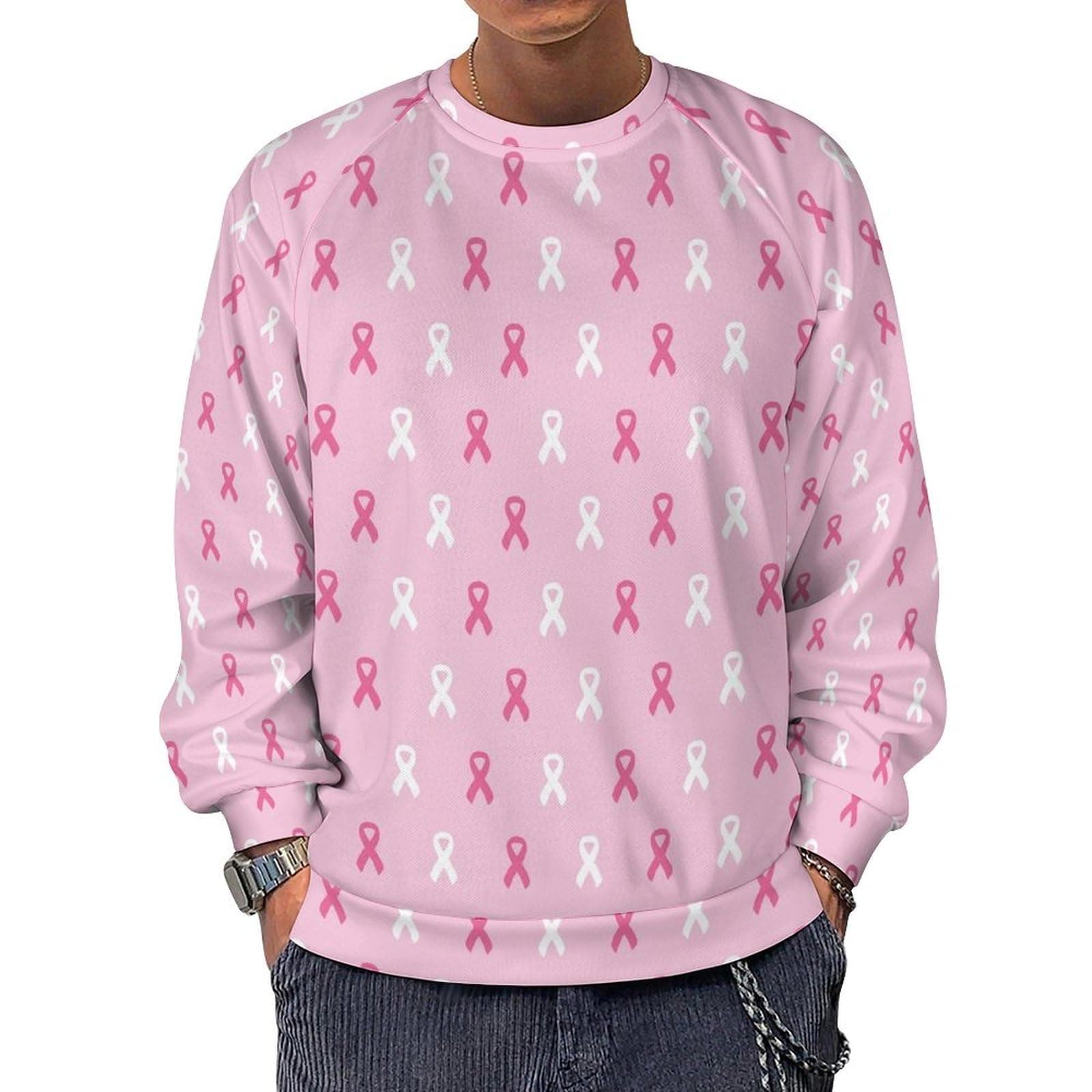 VOSERY Sweat-shirt à col rond contre le cancer du sein pour homme, confortable et tendance, pull long manche pour homme