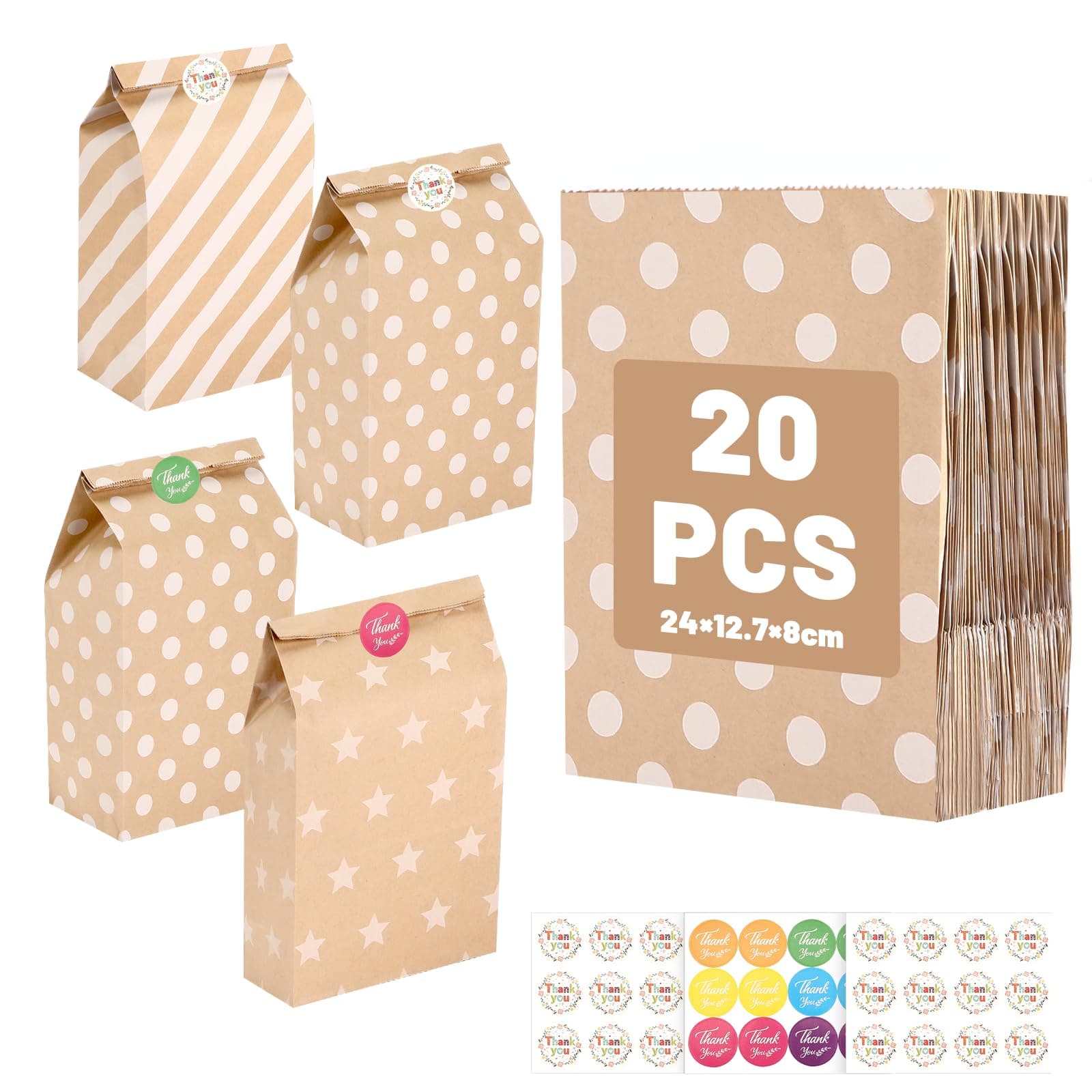 Ledebouk Sac en Papier Kraft pour Célébrations de Fête - 20 Pièces Colorés avec 36 Autocollants - Cadeau pour Mariage, A