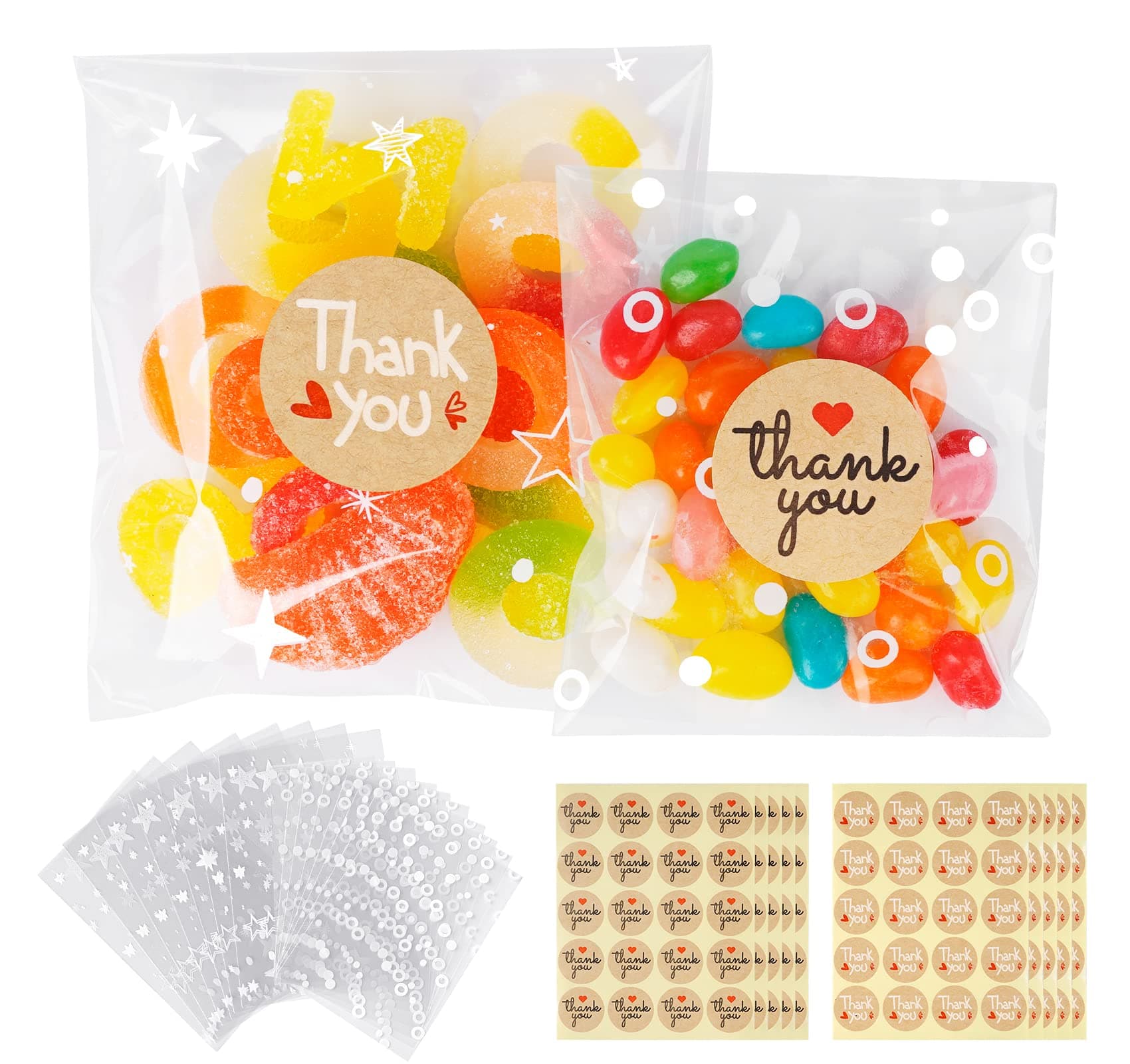 ilauke Pochettes OPP Transparentes 200 Sachets + 200 Autocollants Étoiles et Cercles, 2 Tailles pour Boulangerie & Pâtis
