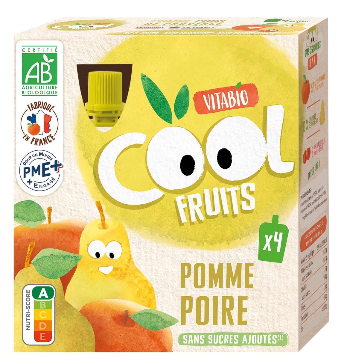 Vitabio Cool - Compote de Pomme et Poire de Provence Bio 4x90g pour Enfants en Évitant le Sucre