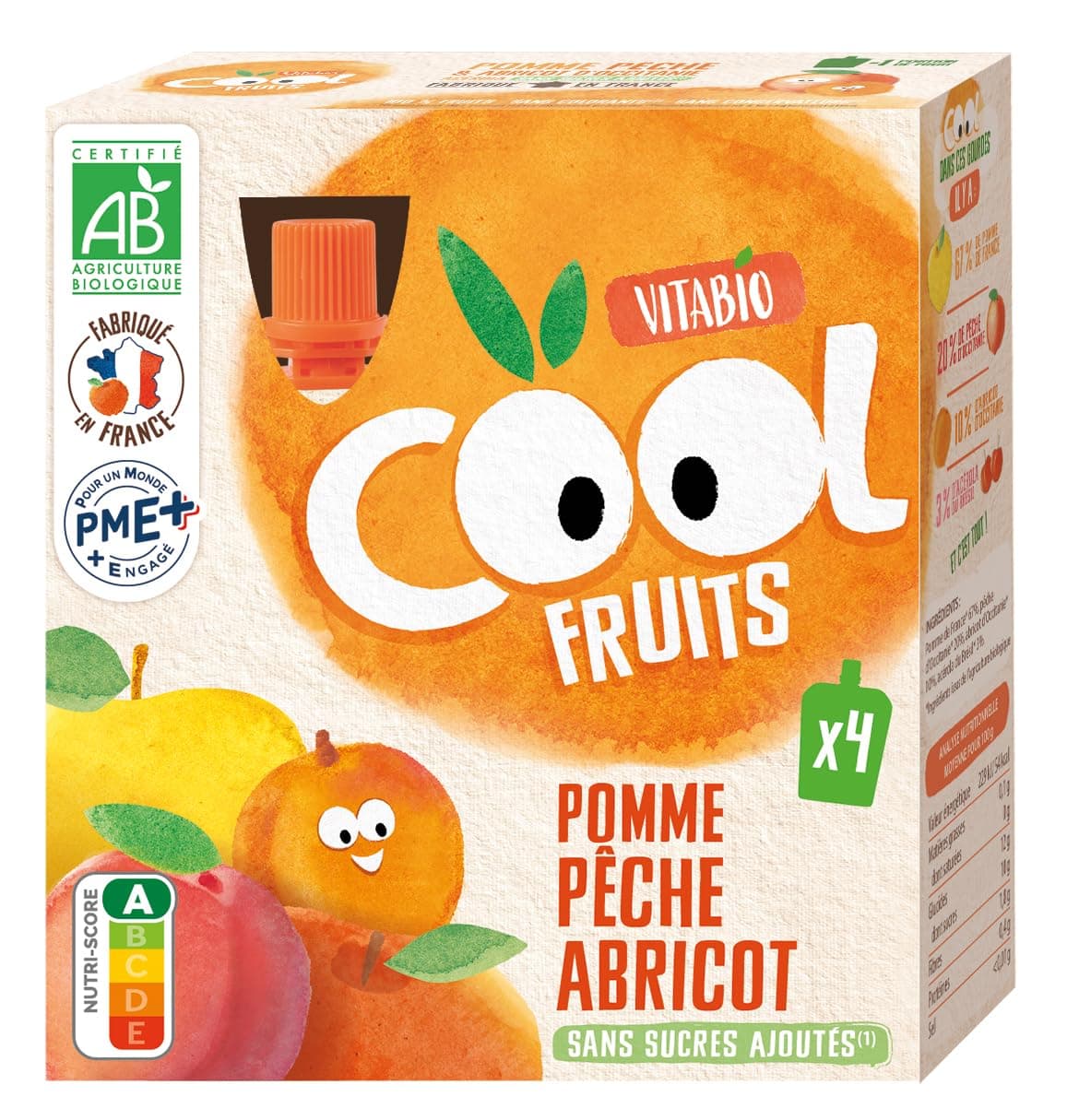 Vitabio Cool Compote de Fruits Pomme, Pêche et Abricot Bio 90 g x4 - Purée pour Enfants - Organic EU - Fraîcheur Naturel