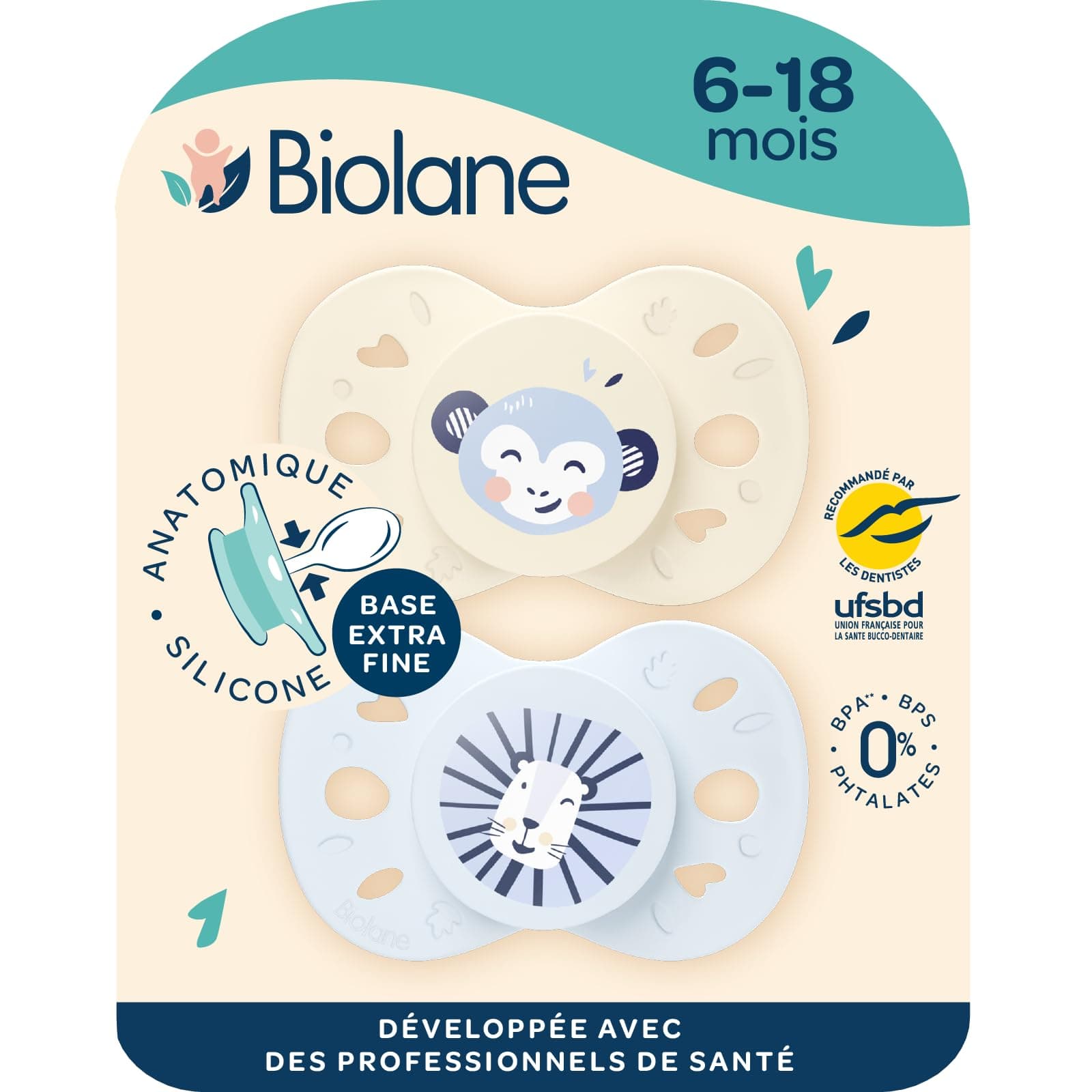 BIOLANE - Tétines anatomiques animaux extra-fines - Pour enfants de 6 à 18 mois - Bleu et Beige - Téterelle plate et rév